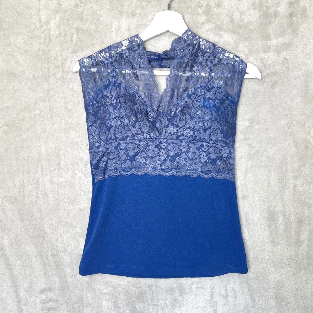 Zenana Outfitters Blue Lace Halter‎ Top L Y2K Romantic Sheer Mesh Sexy Clubwear